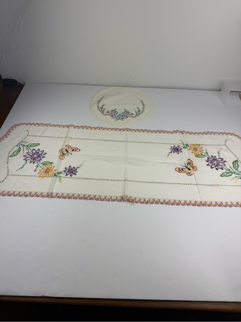 VTG Hand-Embroidered Dress Scarf and Doily Floral Butterfly SEE ALL.